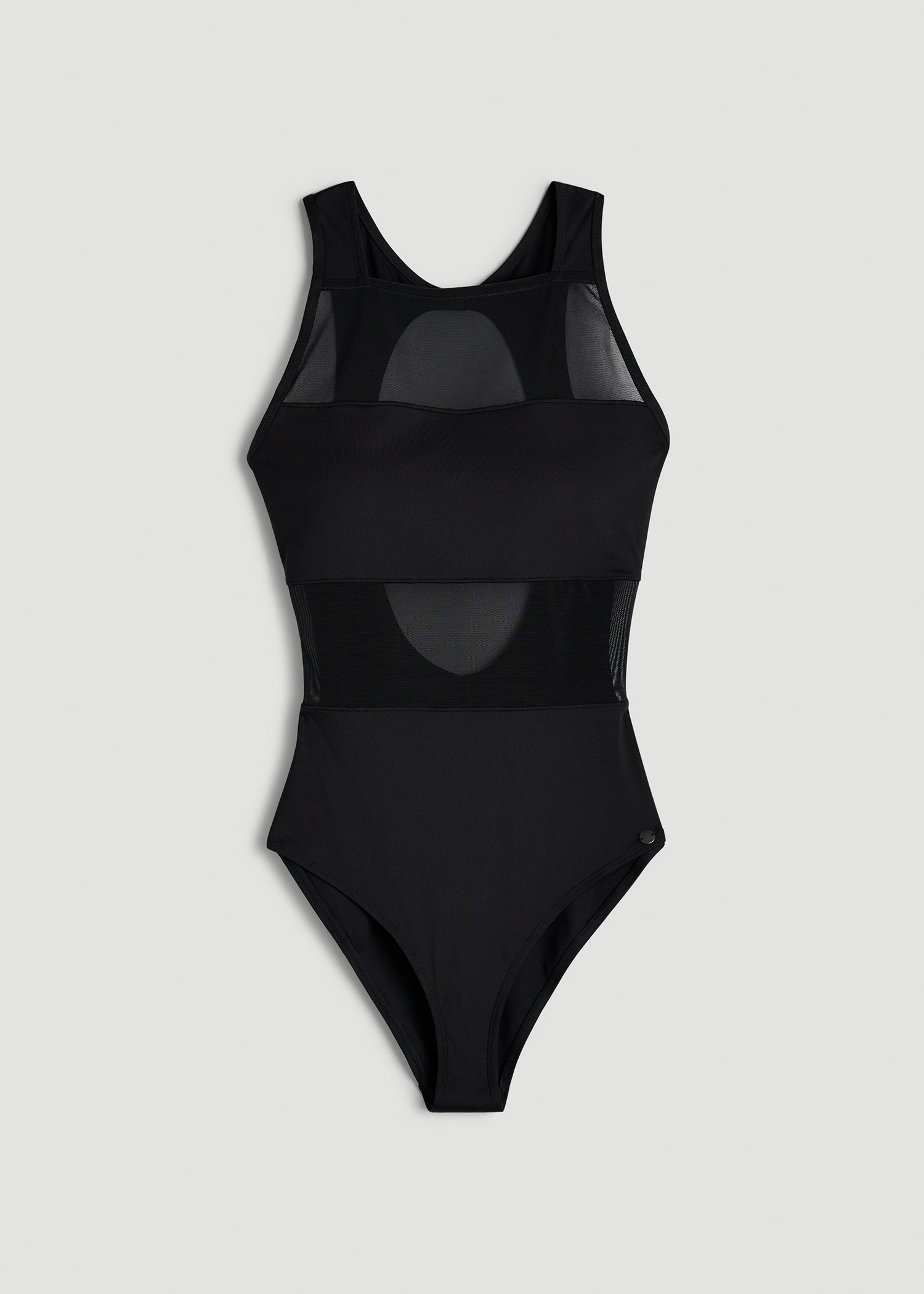 American Tall Women High Neck Mesh One Piece Swimsuit for Tall Women in Deep Black