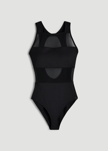 American Tall Women High Neck Mesh One Piece Swimsuit for Tall Women in Deep Black