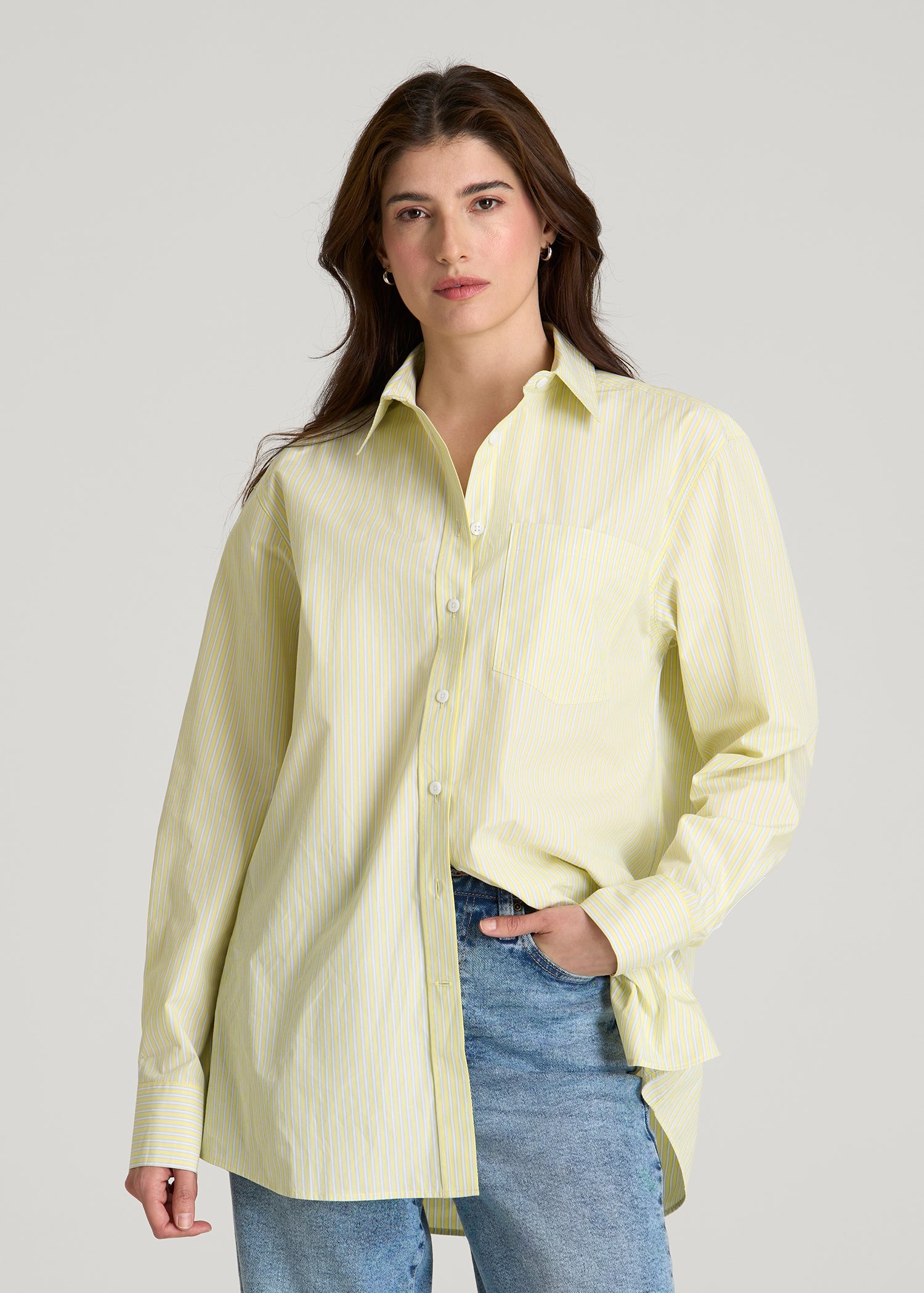 American Tall Women Oversized Poplin Button Shirt for Tall Women in Lemon Drop Stripe