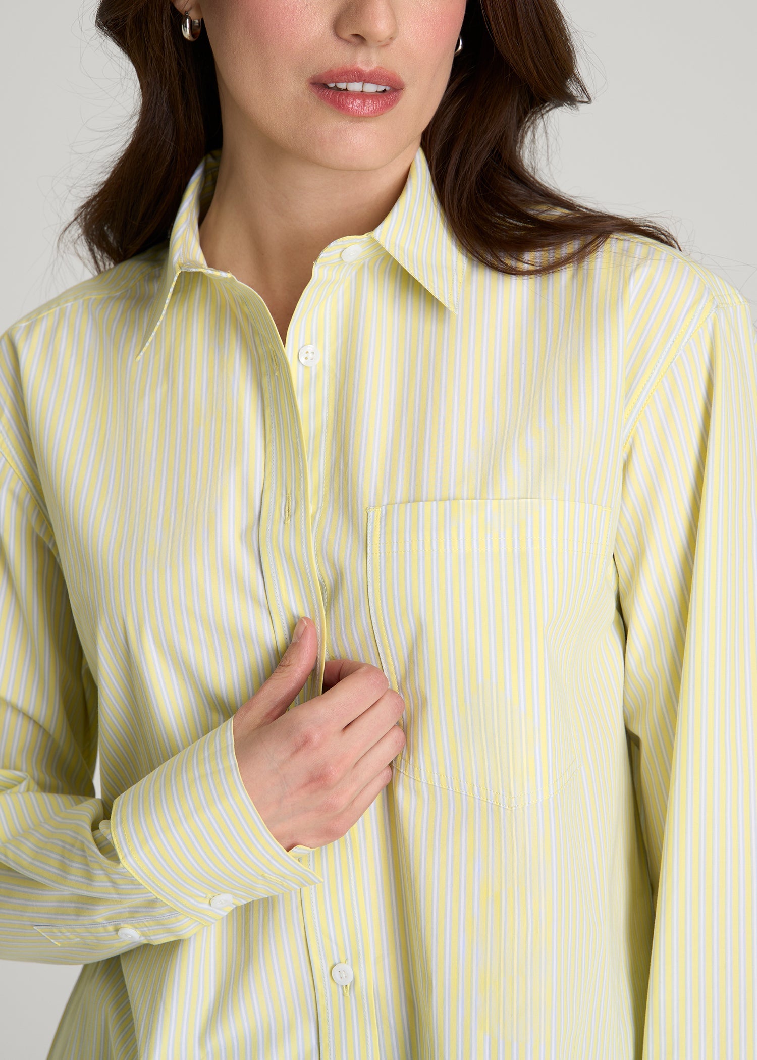 American Tall Women Oversized Poplin Button Shirt for Tall Women in Lemon Drop Stripe