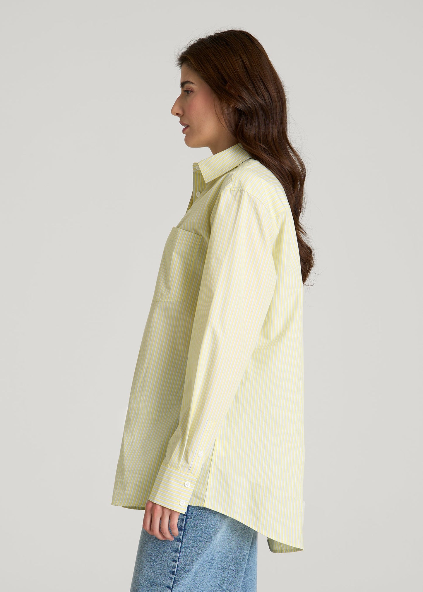 American Tall Women Oversized Poplin Button Shirt for Tall Women in Lemon Drop Stripe