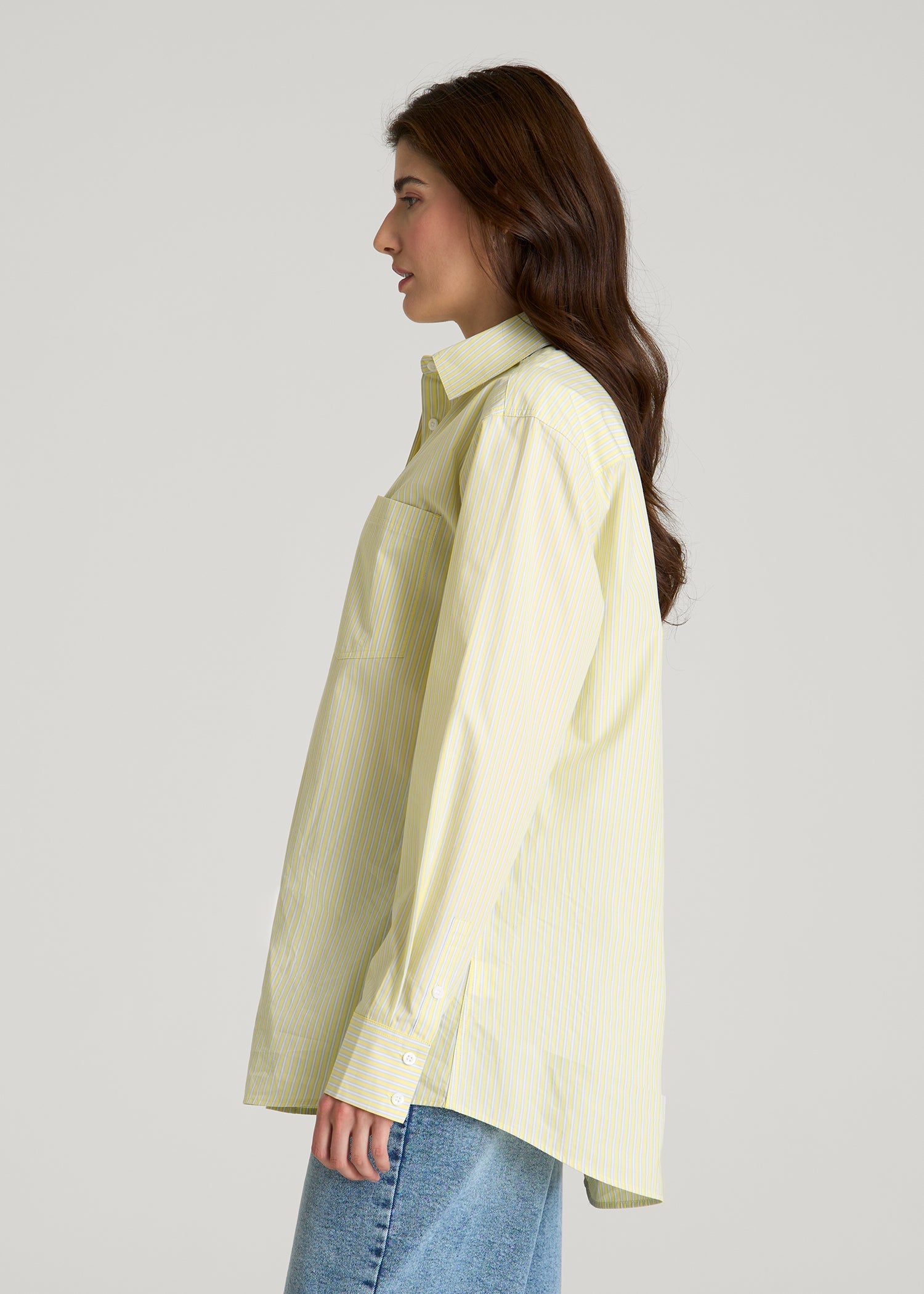 American Tall Women Oversized Poplin Button Shirt for Tall Women in Lemon Drop Stripe