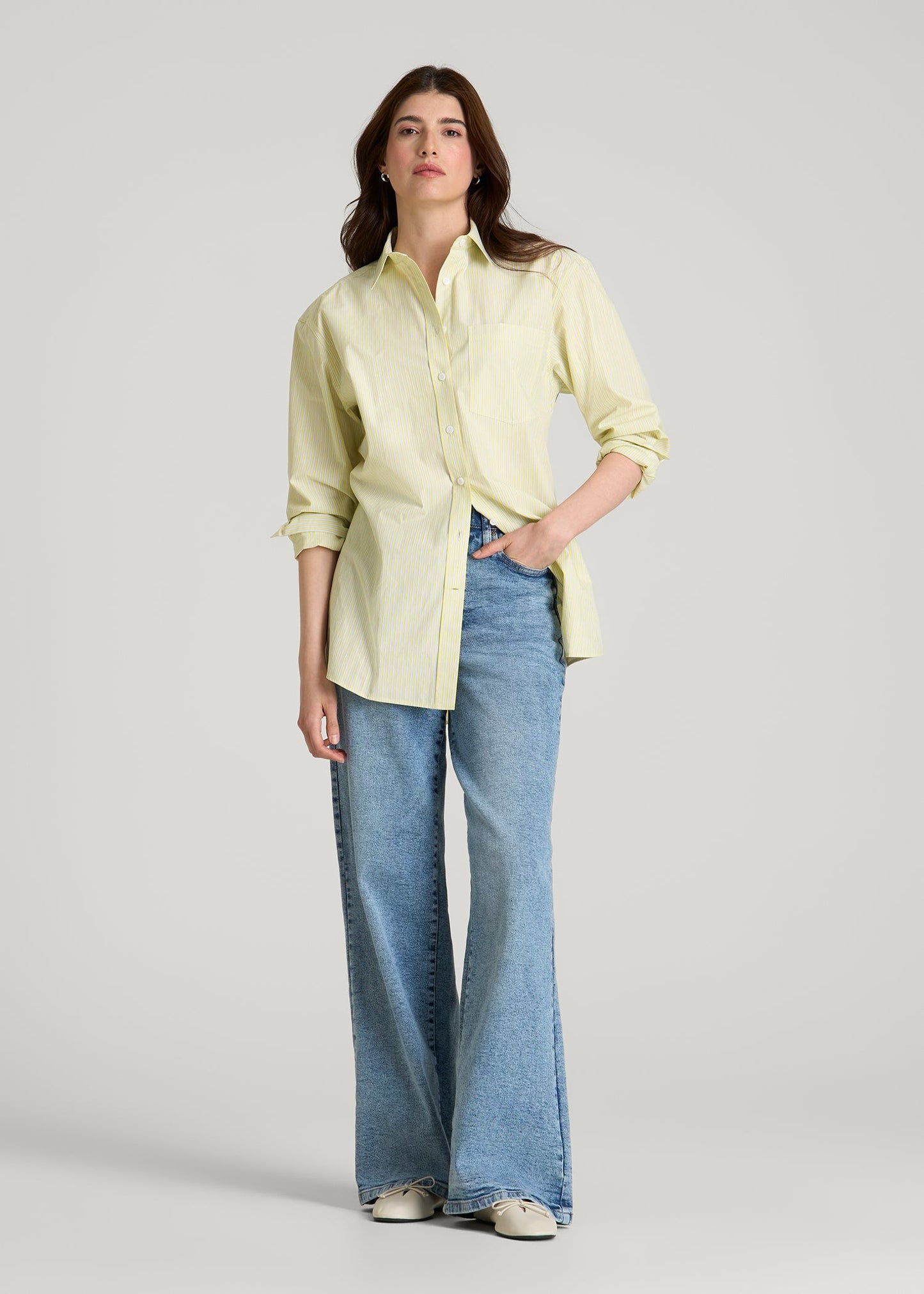 American Tall Women Oversized Poplin Button Shirt for Tall Women in Lemon Drop Stripe