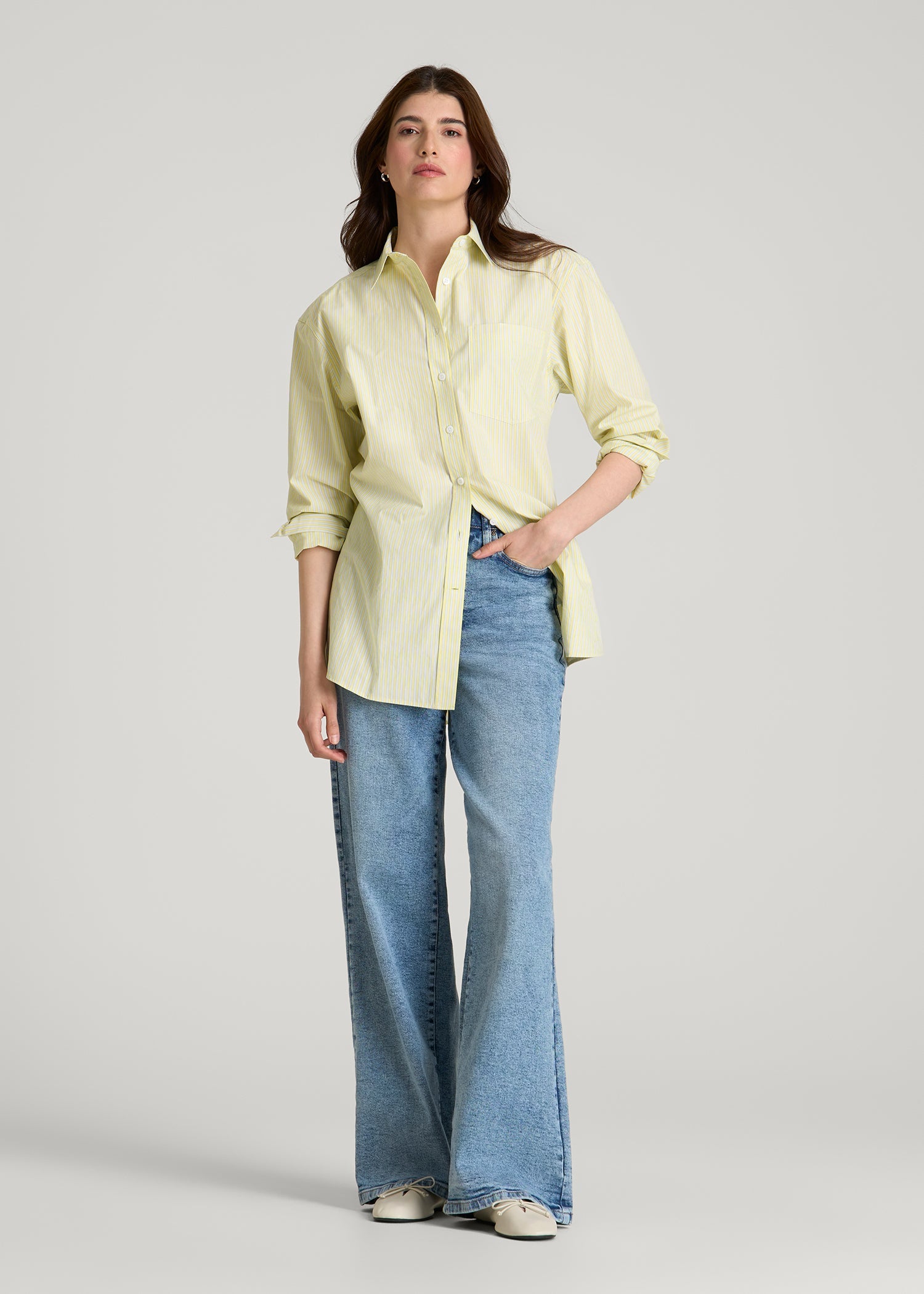 American Tall Women Oversized Poplin Button Shirt for Tall Women in Lemon Drop Stripe