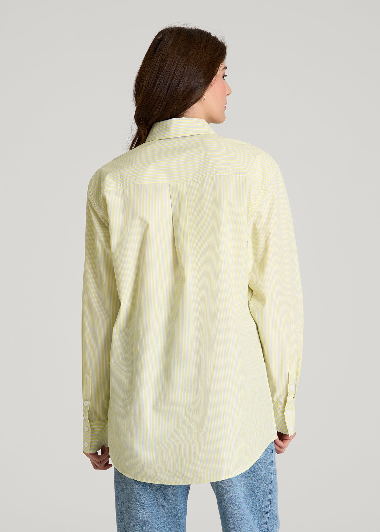 American Tall Women Oversized Poplin Button Shirt for Tall Women in Lemon Drop Stripe