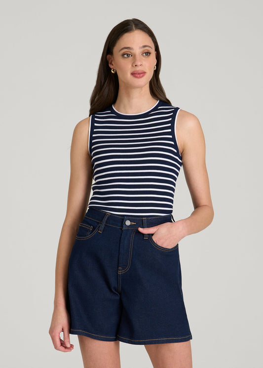 American Tall Women Sleeveless Knit Top for Tall Women in Bold Navy Stripe