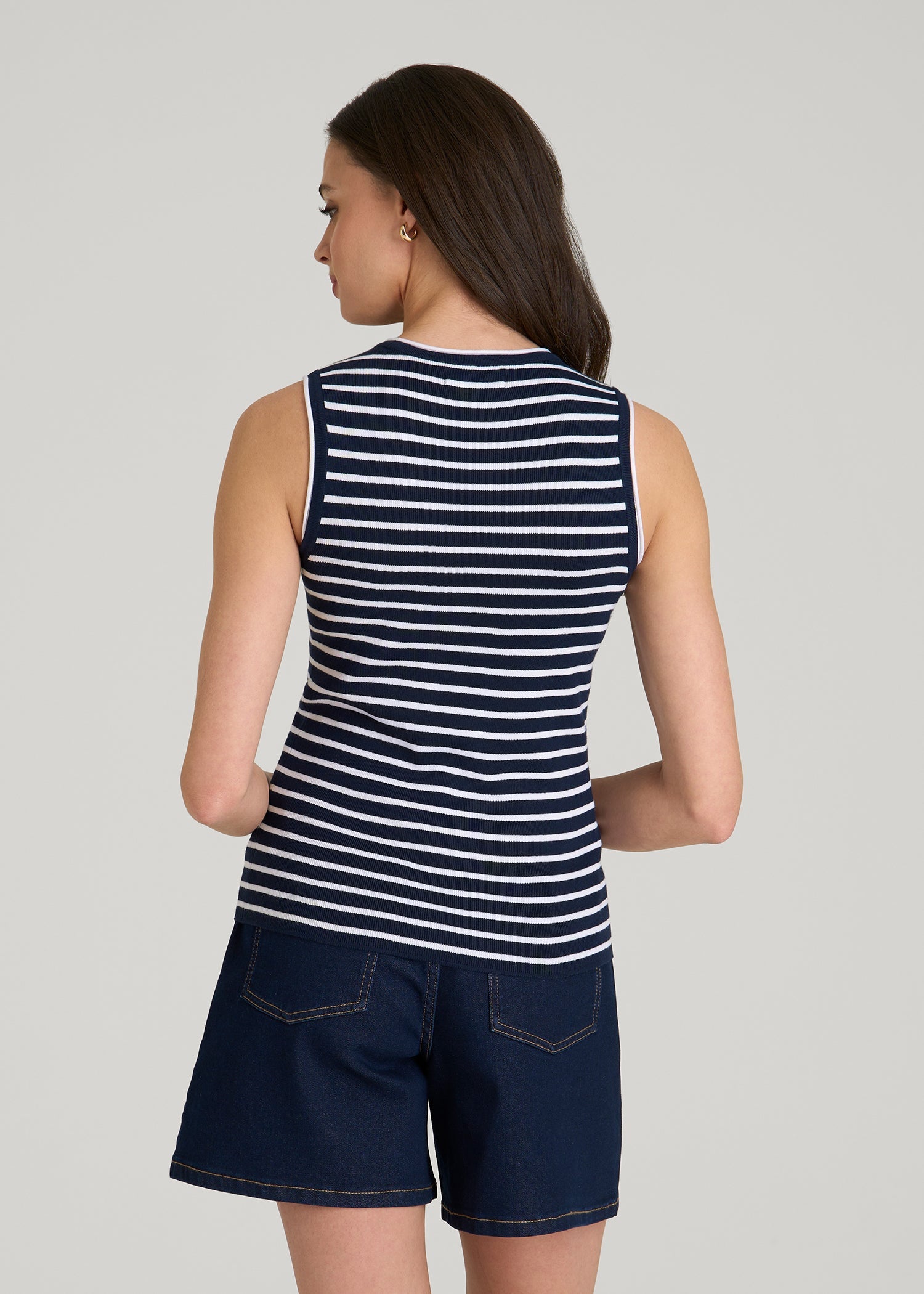 American Tall Women Sleeveless Knit Top for Tall Women in Bold Navy Stripe