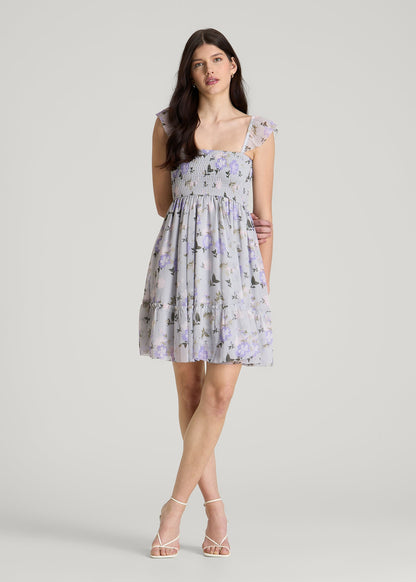 American Tall Women Chiffon Mini Gumdrop Dress for Tall Women in Grey and Lilac Floral