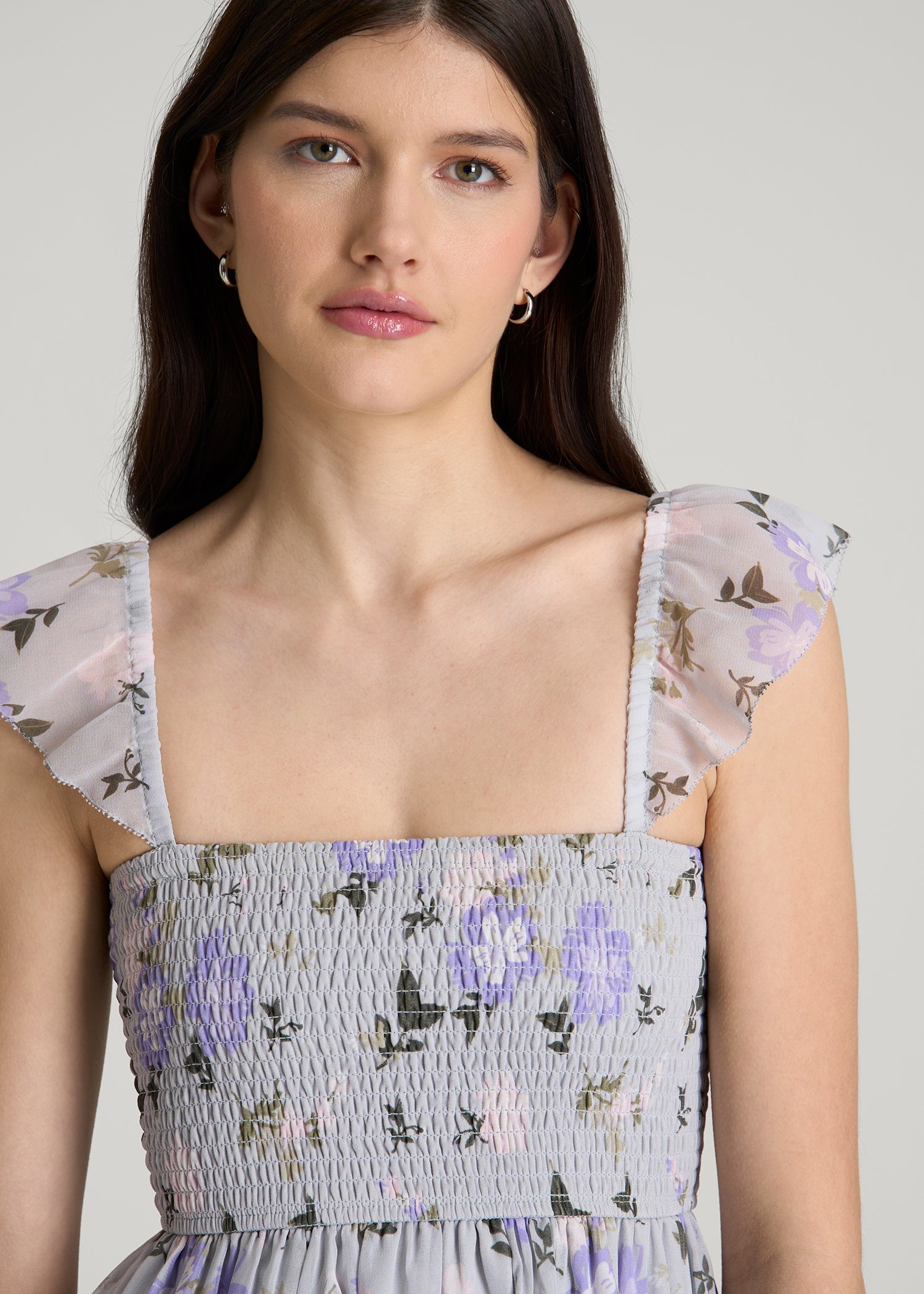 American Tall Women Chiffon Mini Gumdrop Dress for Tall Women in Grey and Lilac Floral