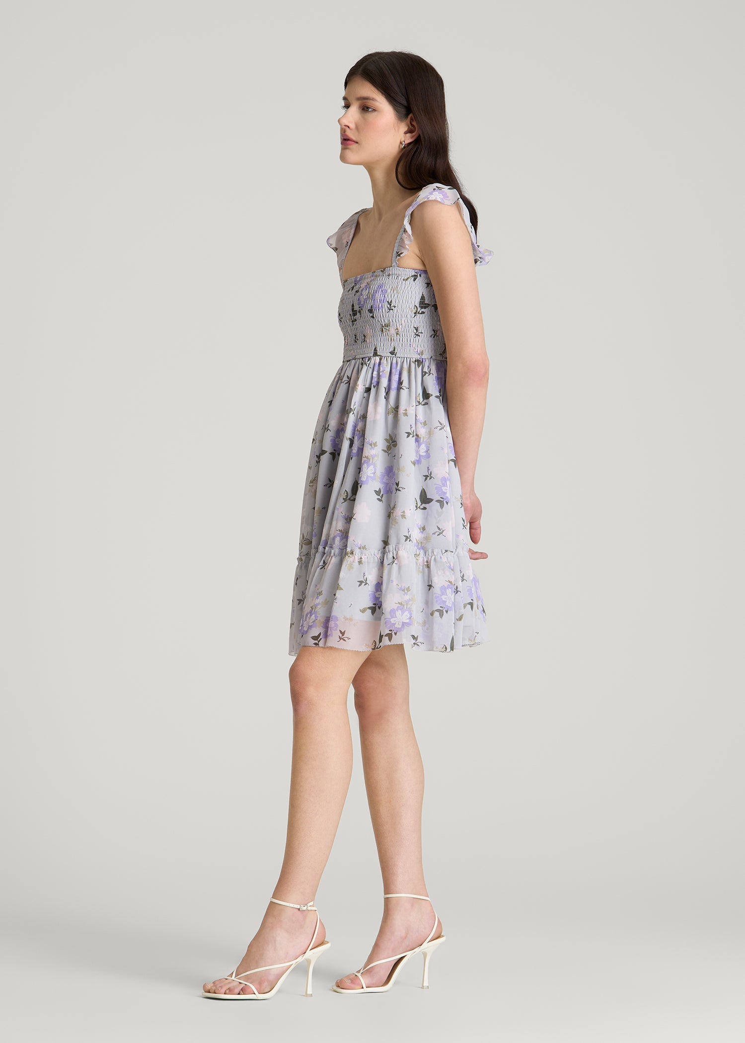American Tall Women Chiffon Mini Gumdrop Dress for Tall Women in Grey and Lilac Floral