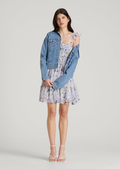 American Tall Women Chiffon Mini Gumdrop Dress for Tall Women in Grey and Lilac Floral