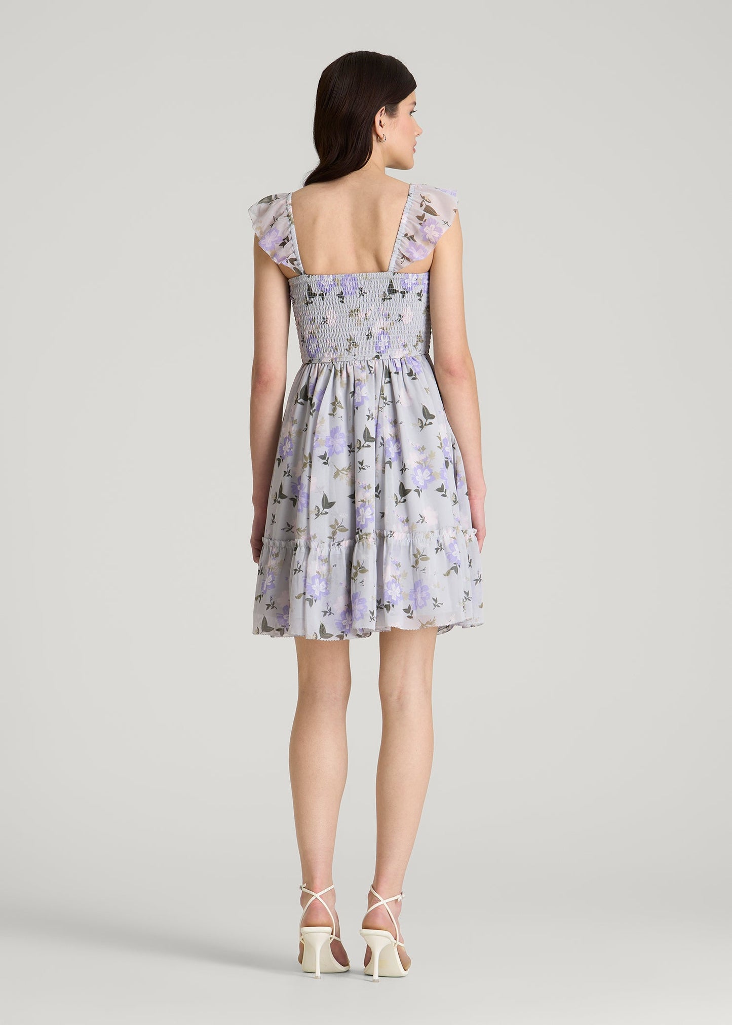 American Tall Women Chiffon Mini Gumdrop Dress for Tall Women in Grey and Lilac Floral