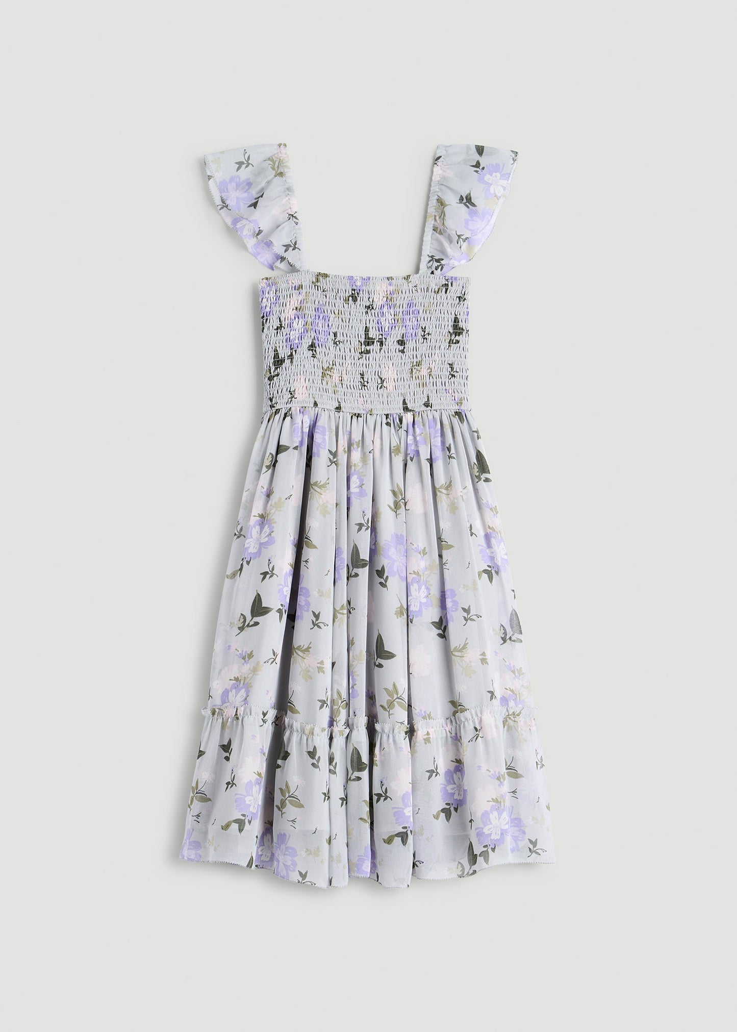 American Tall Women Chiffon Mini Gumdrop Dress for Tall Women in Grey and Lilac Floral