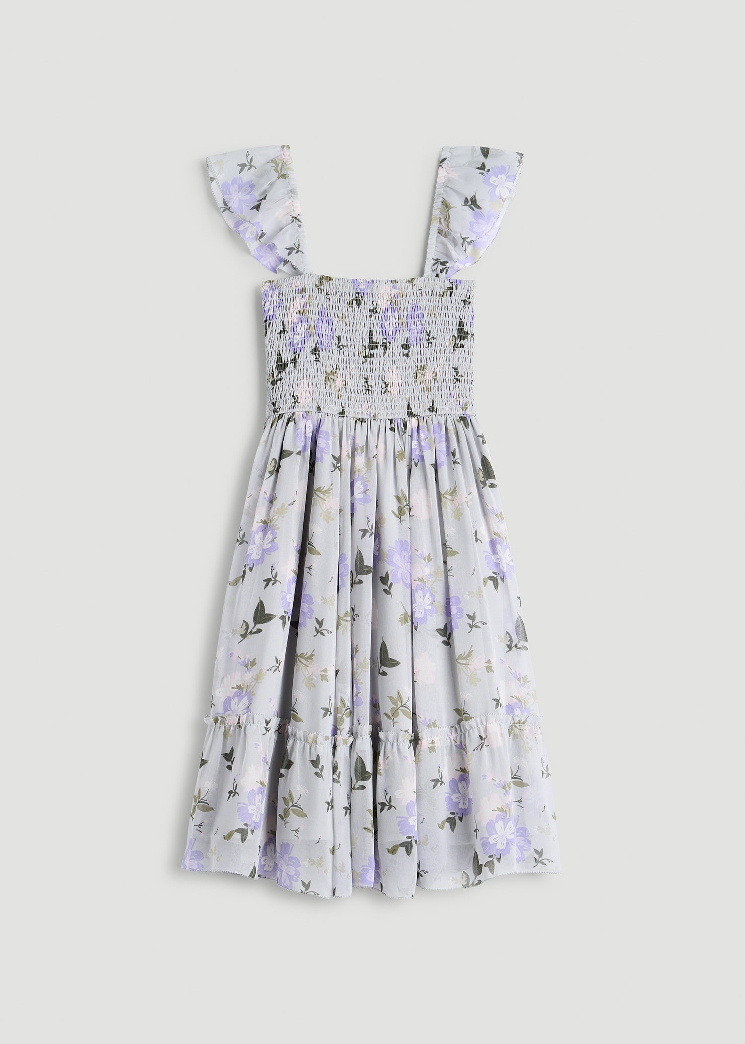 American Tall Women Chiffon Mini Gumdrop Dress for Tall Women in Grey and Lilac Floral