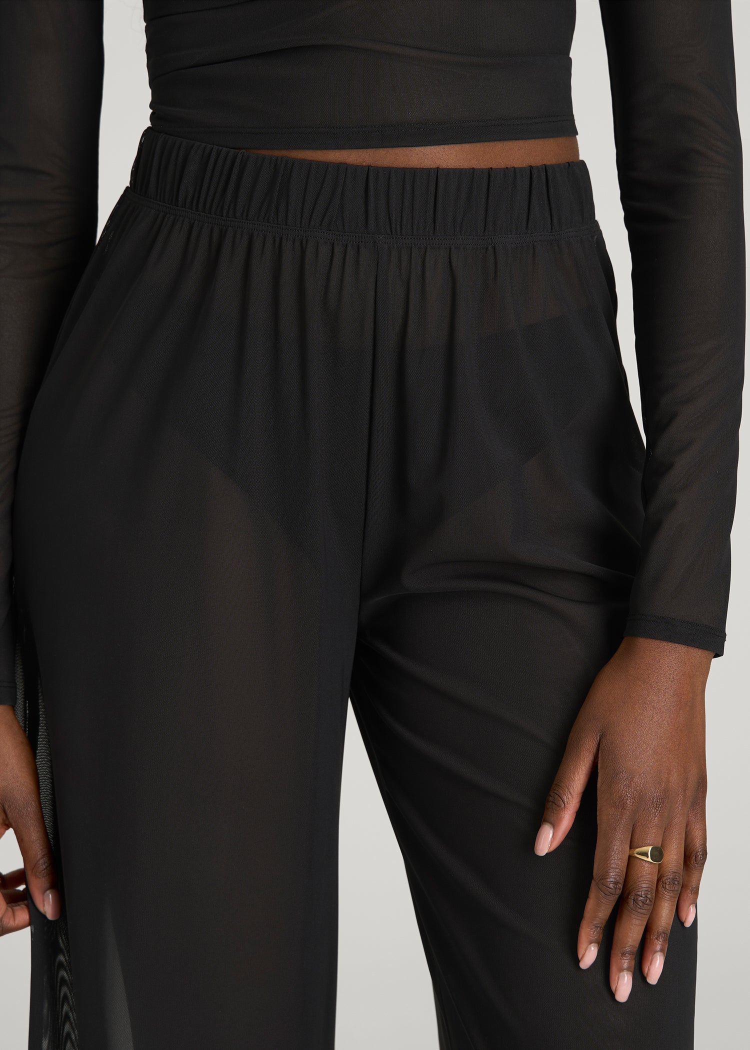 American Tall Women Power Mesh Wide-Leg Pants for Tall Women in Deep Black