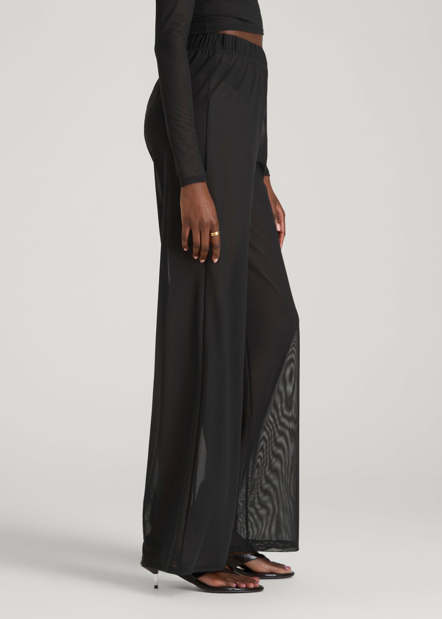 American Tall Women Power Mesh Wide-Leg Pants for Tall Women in Deep Black