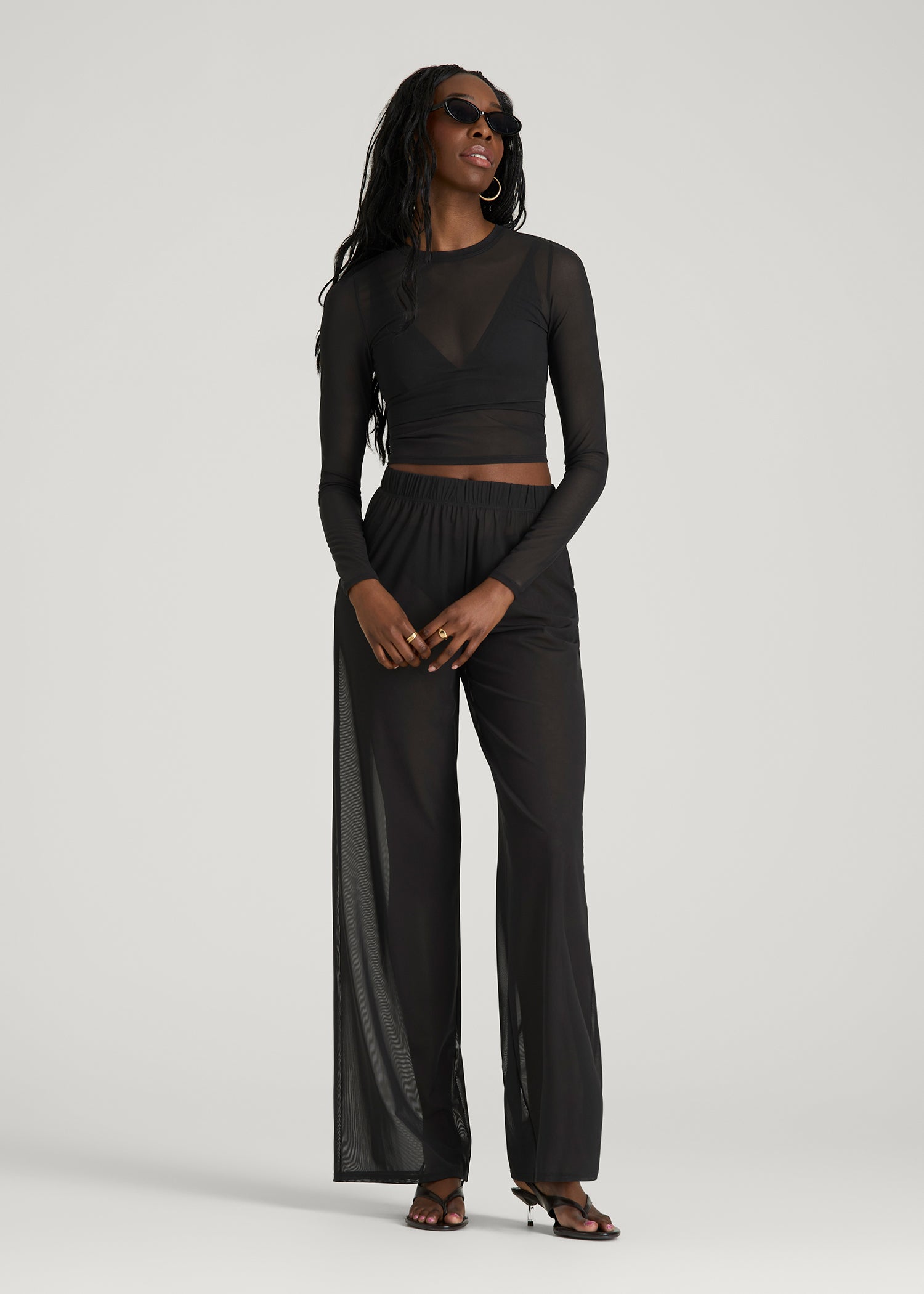 American Tall Women Power Mesh Wide-Leg Pants for Tall Women in Deep Black