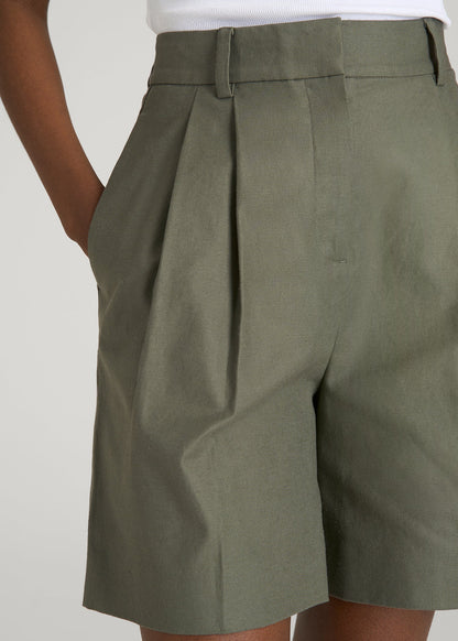 American Tall Women Stretch Cotton Linen Blend Pleated Shorts for Tall Women in Olive