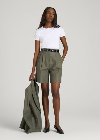 American Tall Women Stretch Cotton Linen Blend Pleated Shorts for Tall Women in Olive