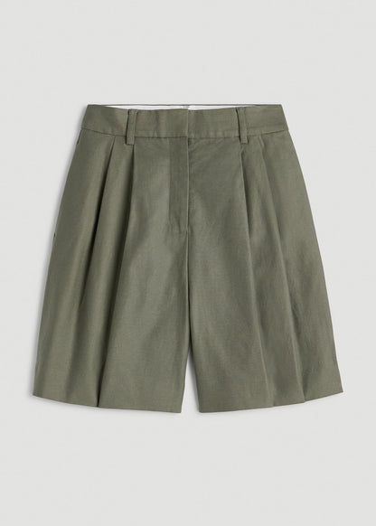 American Tall Women Stretch Cotton Linen Blend Pleated Shorts for Tall Women in Olive