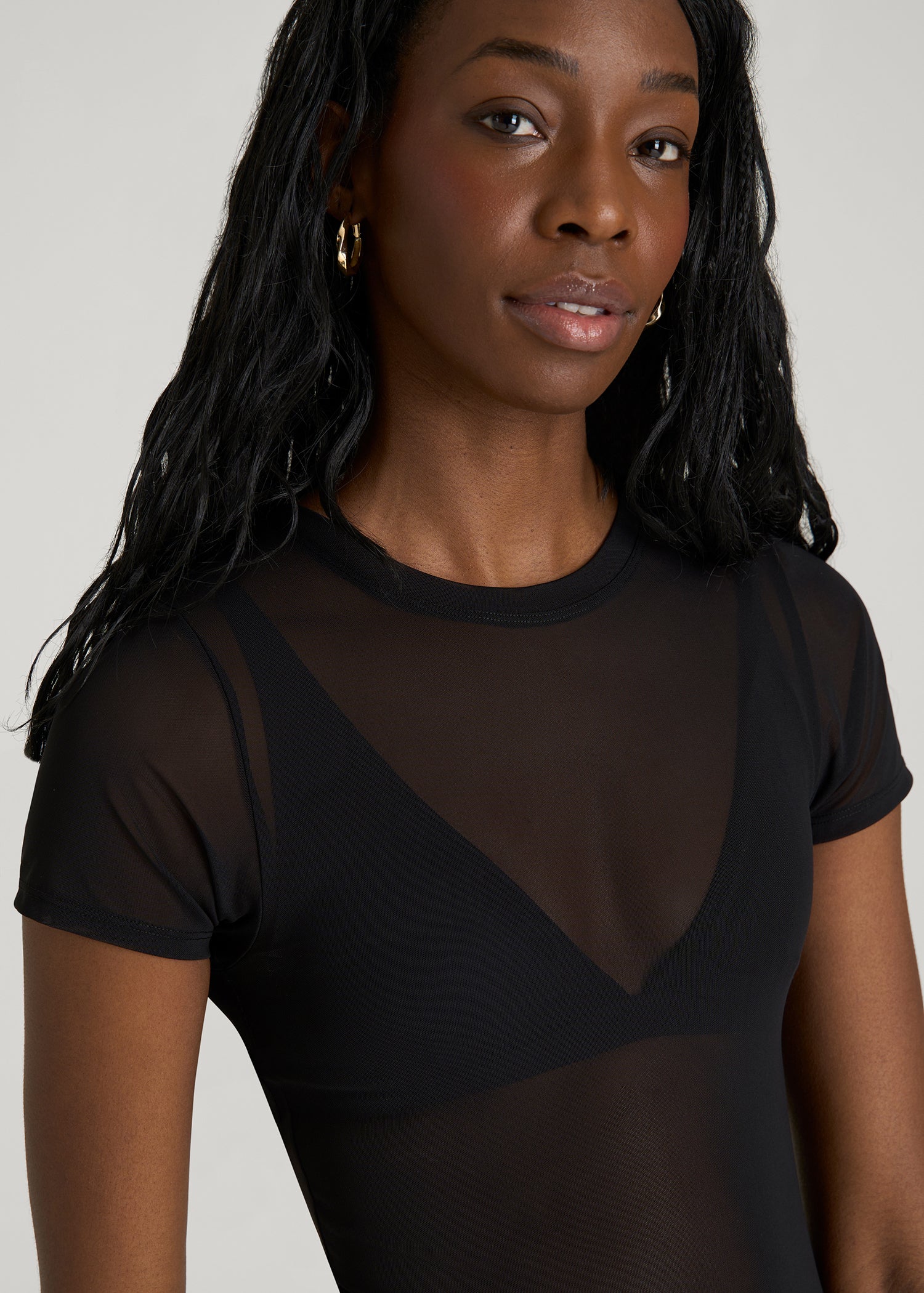 American Tall Women Power Mesh Fitted Short Sleeve Mini Dress for Tall Women in Deep Black