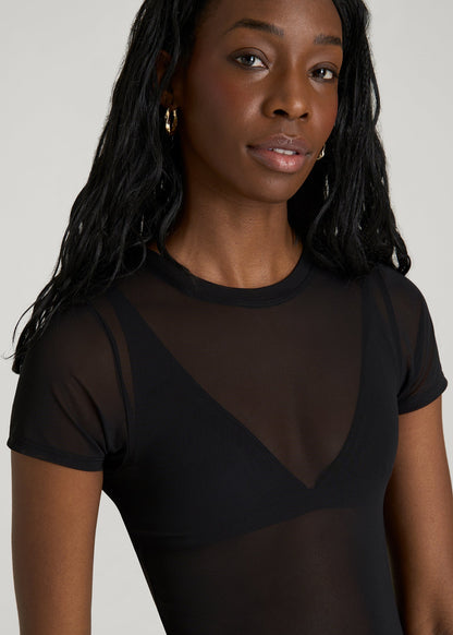 American Tall Women Power Mesh Fitted Short Sleeve Mini Dress for Tall Women in Deep Black