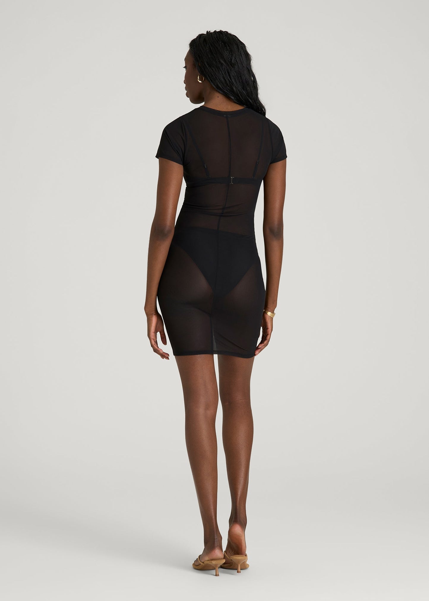 American Tall Women Power Mesh Fitted Short Sleeve Mini Dress for Tall Women in Deep Black