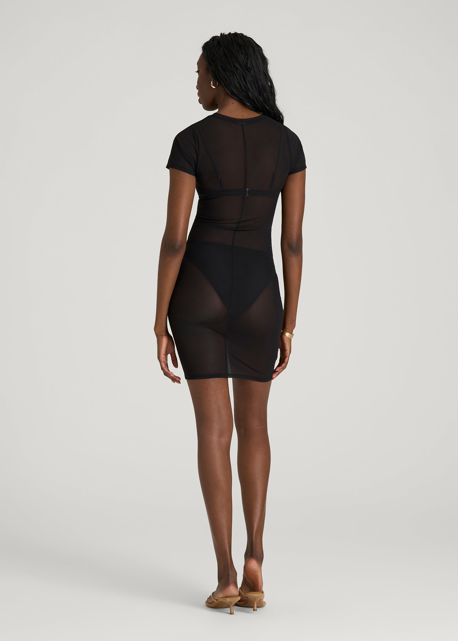 American Tall Women Power Mesh Fitted Short Sleeve Mini Dress for Tall Women in Deep Black