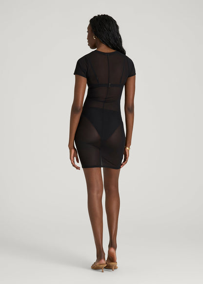 American Tall Women Power Mesh Fitted Short Sleeve Mini Dress for Tall Women in Deep Black