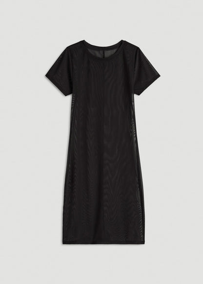 American Tall Women Power Mesh Fitted Short Sleeve Mini Dress for Tall Women in Deep Black
