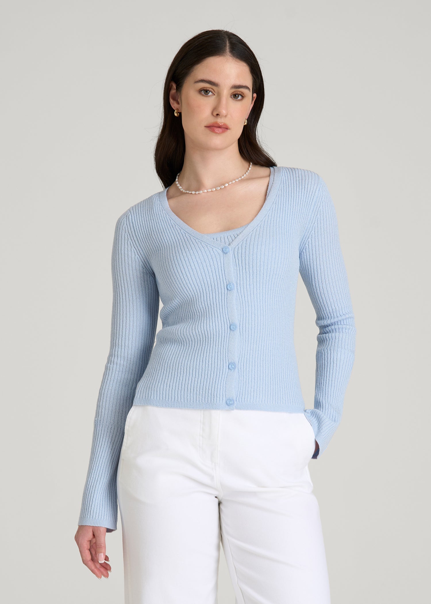 American Tall Women Boucle Knit Cardigan for Tall Women in Ice Blue