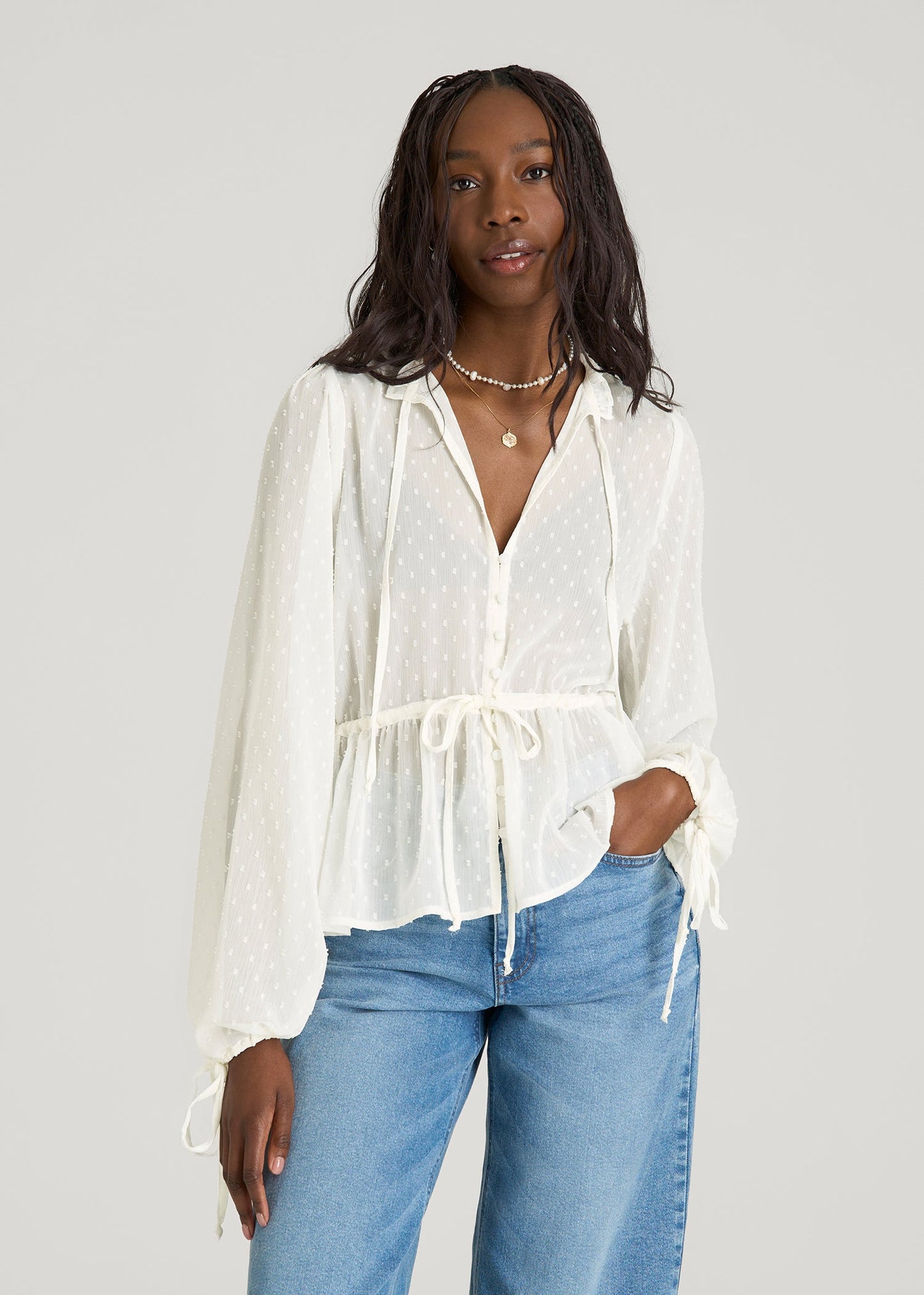 American Tall Women Peasant Chiffon Blouse for Tall Women in Antique White