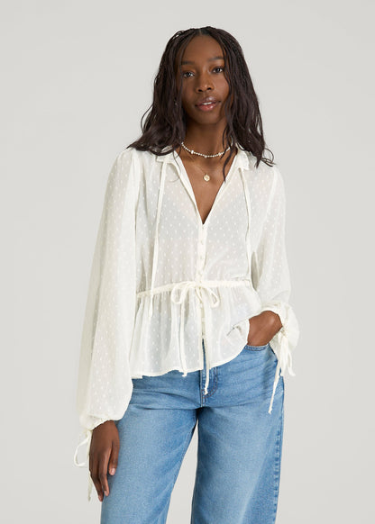American Tall Women Peasant Chiffon Blouse for Tall Women in Antique White
