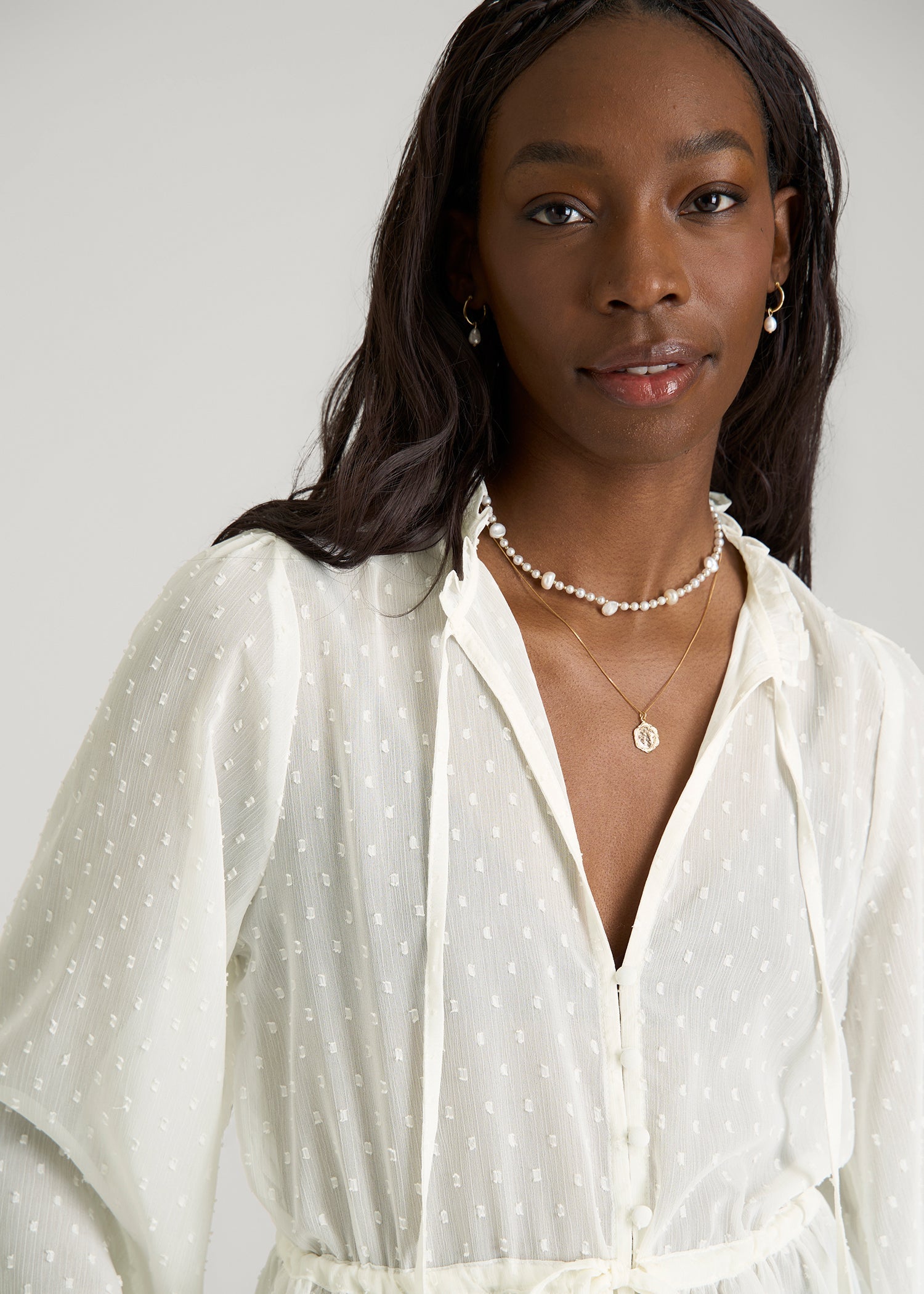 American Tall Women Peasant Chiffon Blouse for Tall Women in Antique White
