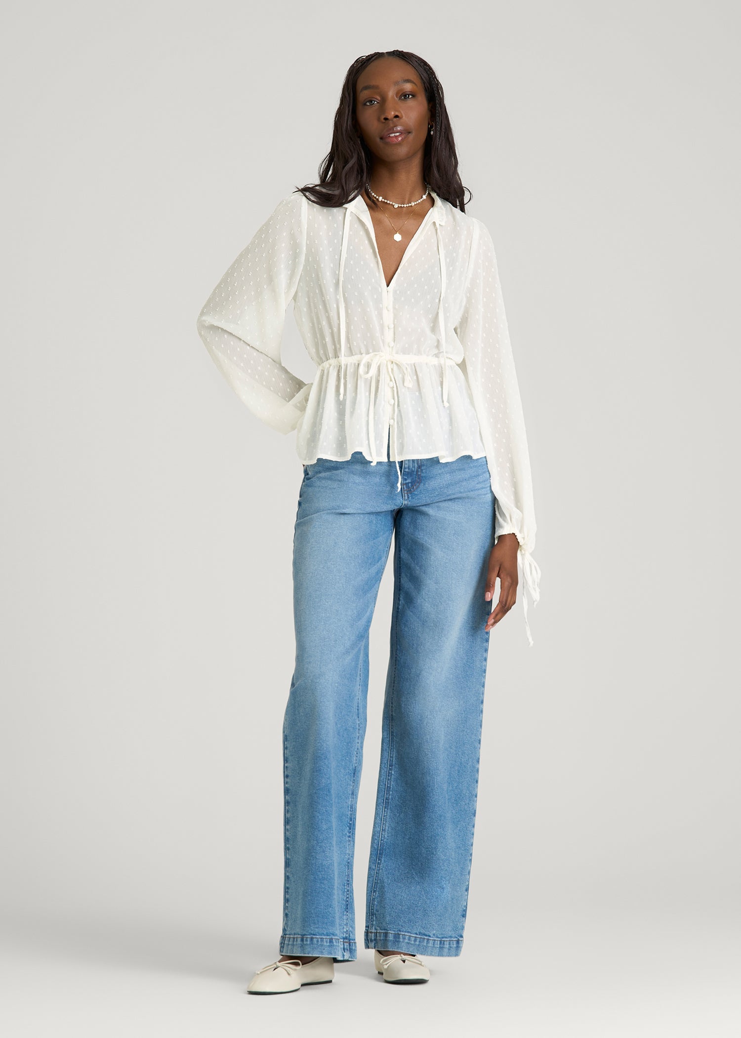 American Tall Women Peasant Chiffon Blouse for Tall Women in Antique White