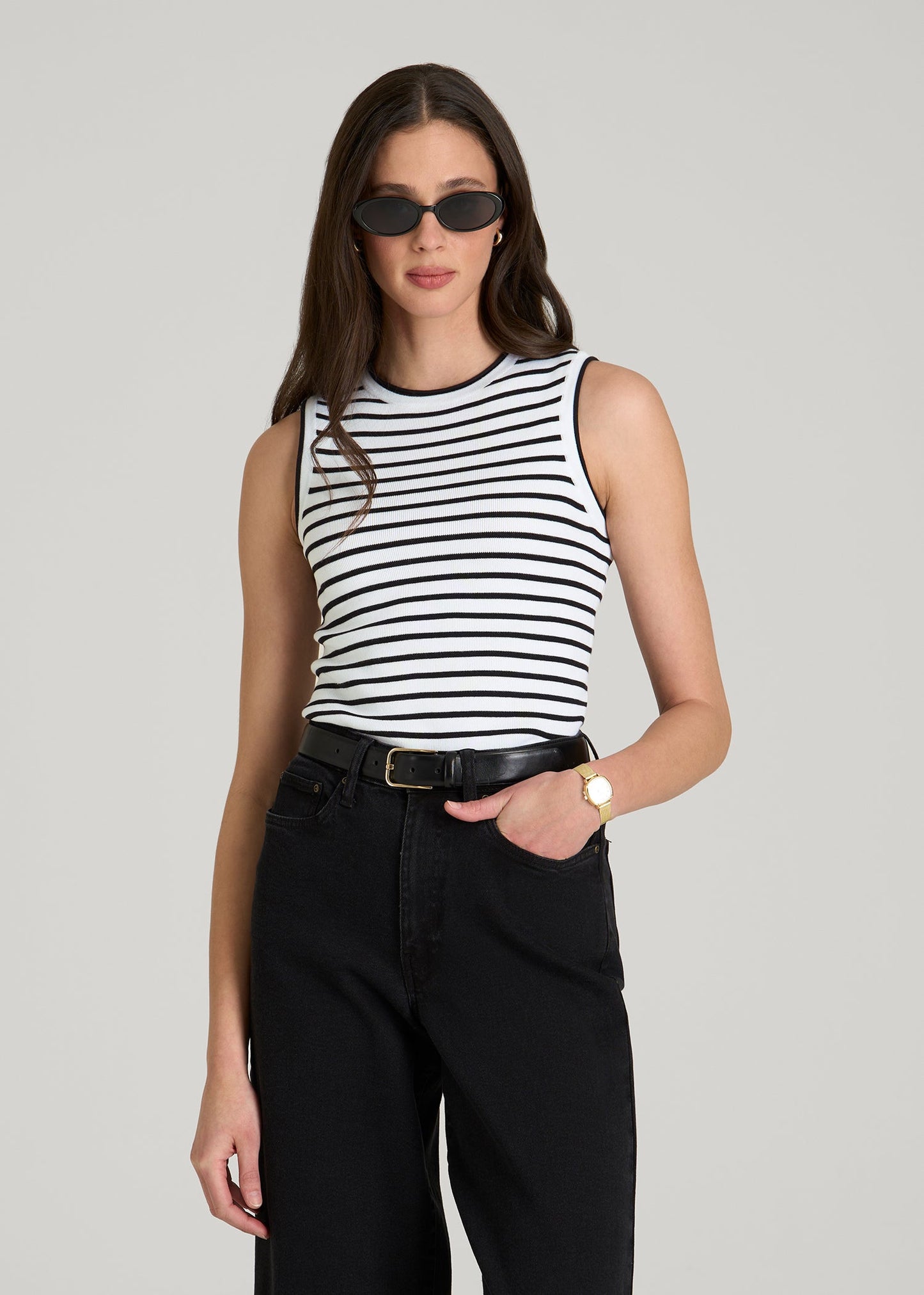 American Tall Women Sleeveless Knit Top for Tall Women in Bold Black Stripe