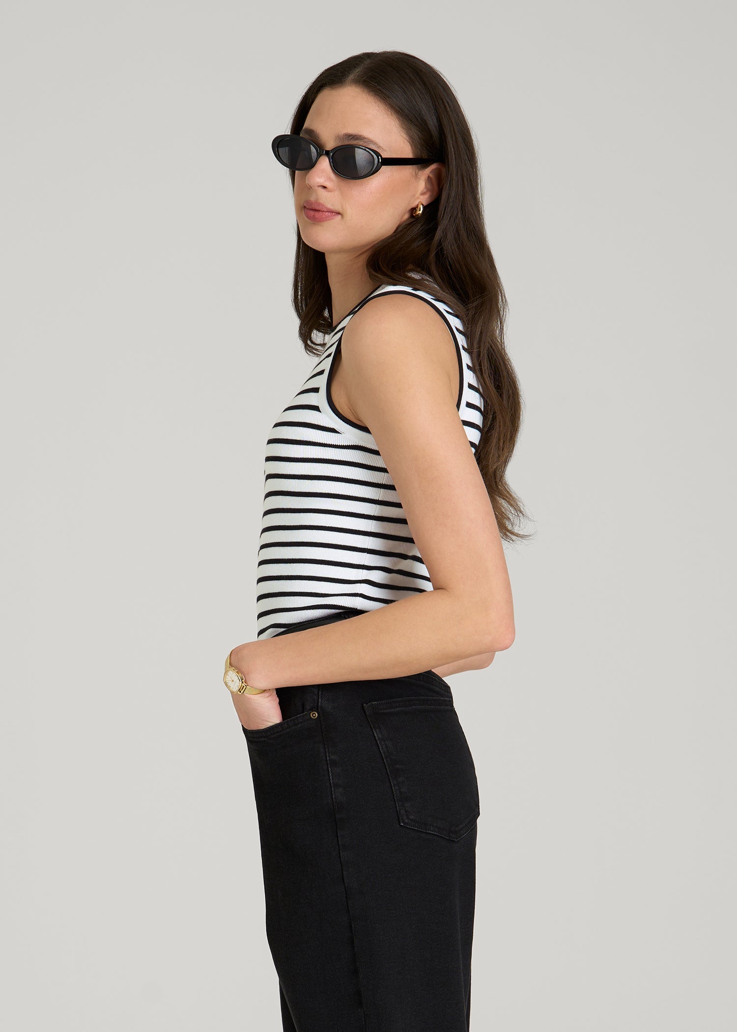 American Tall Women Sleeveless Knit Top for Tall Women in Bold Black Stripe