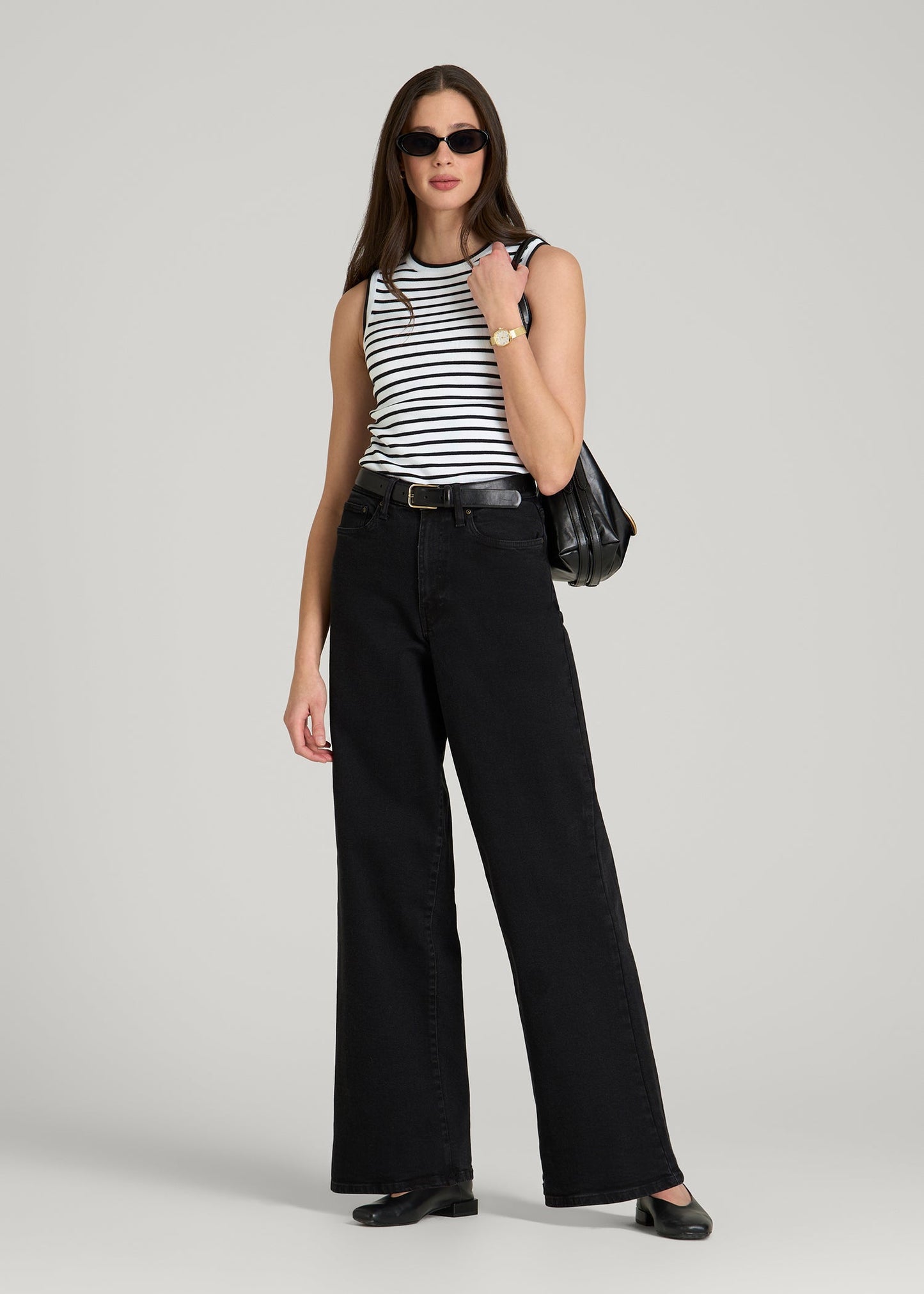 American Tall Women Sleeveless Knit Top for Tall Women in Bold Black Stripe