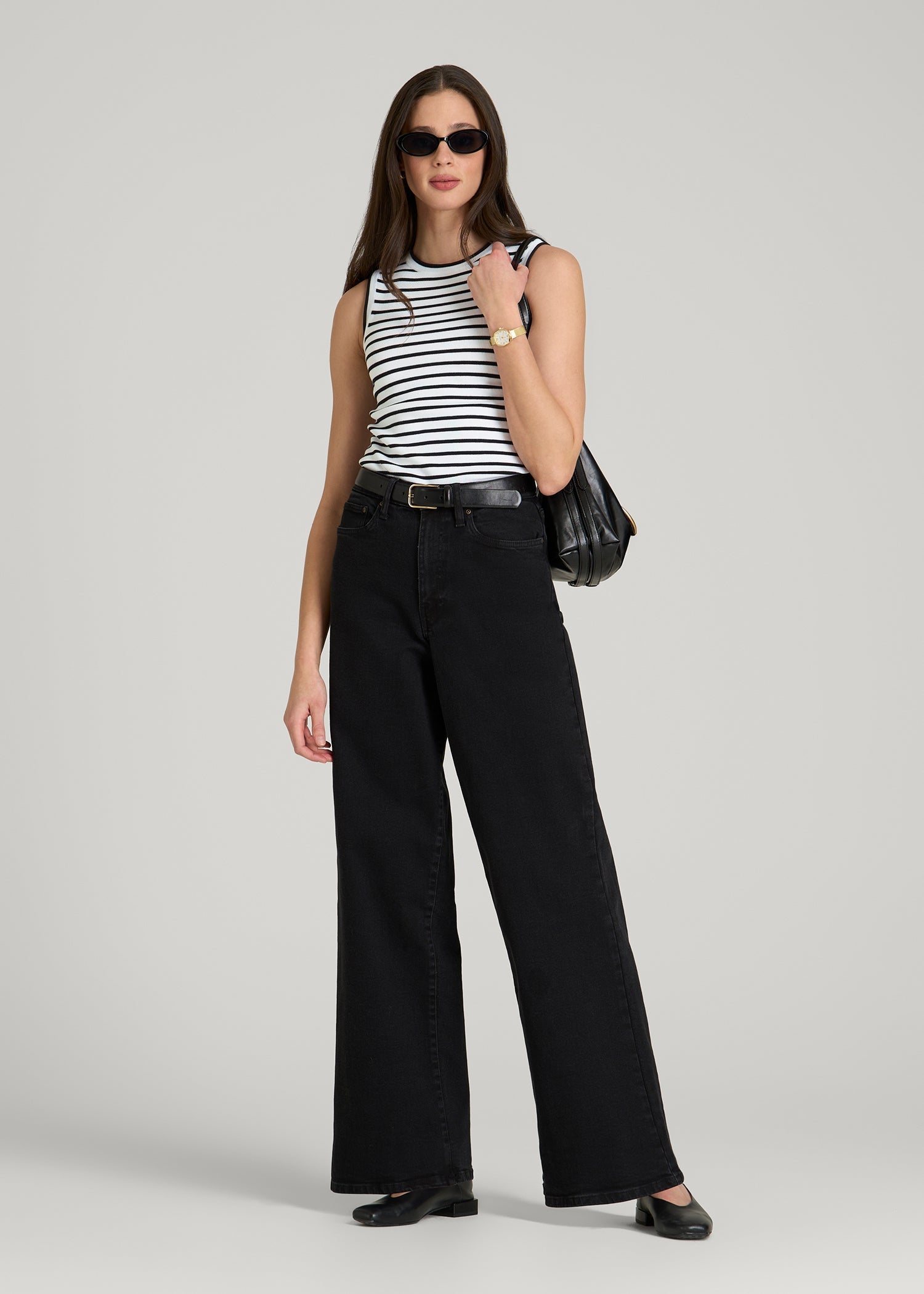 American Tall Women Sleeveless Knit Top for Tall Women in Bold Black Stripe