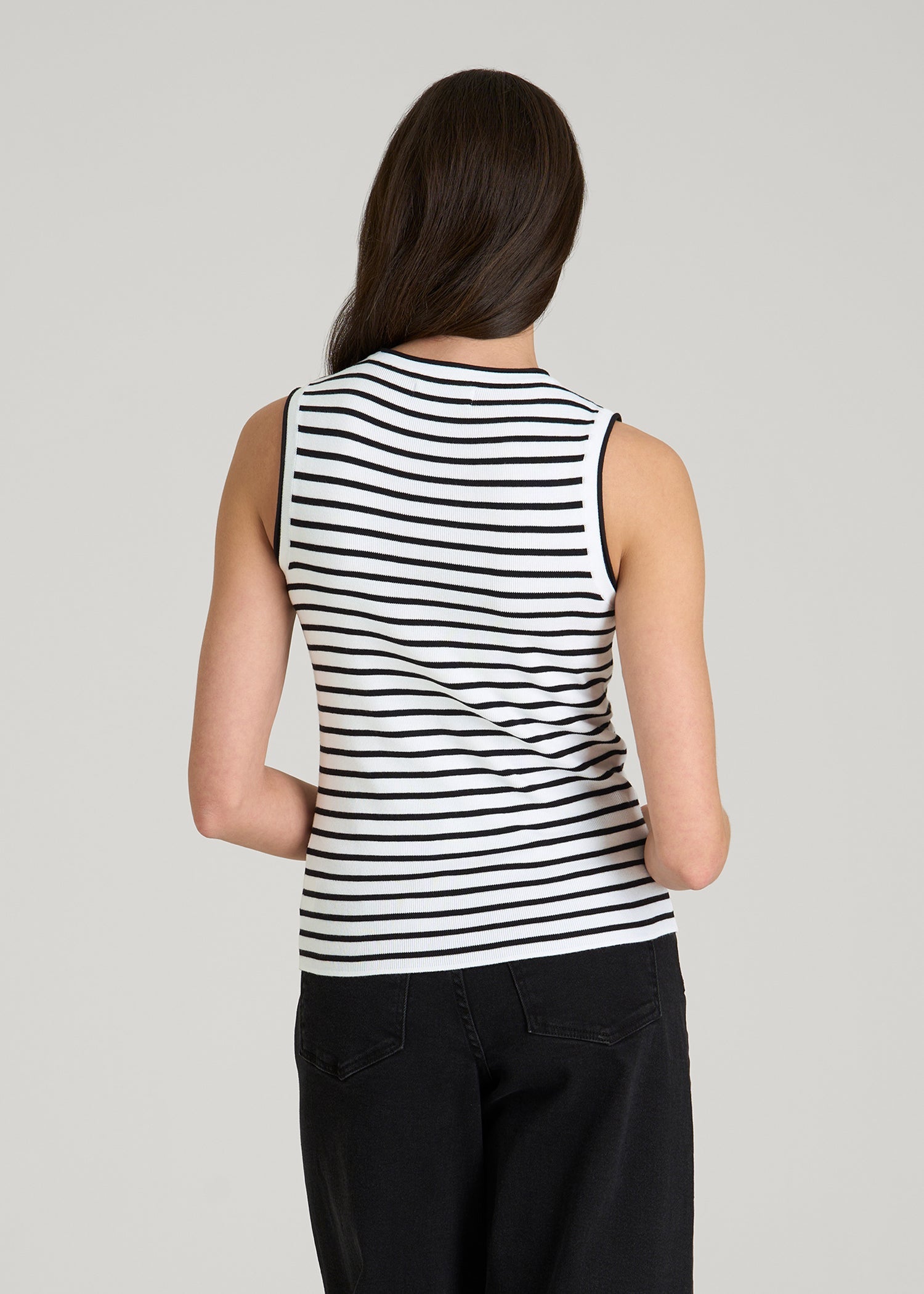 American Tall Women Sleeveless Knit Top for Tall Women in Bold Black Stripe