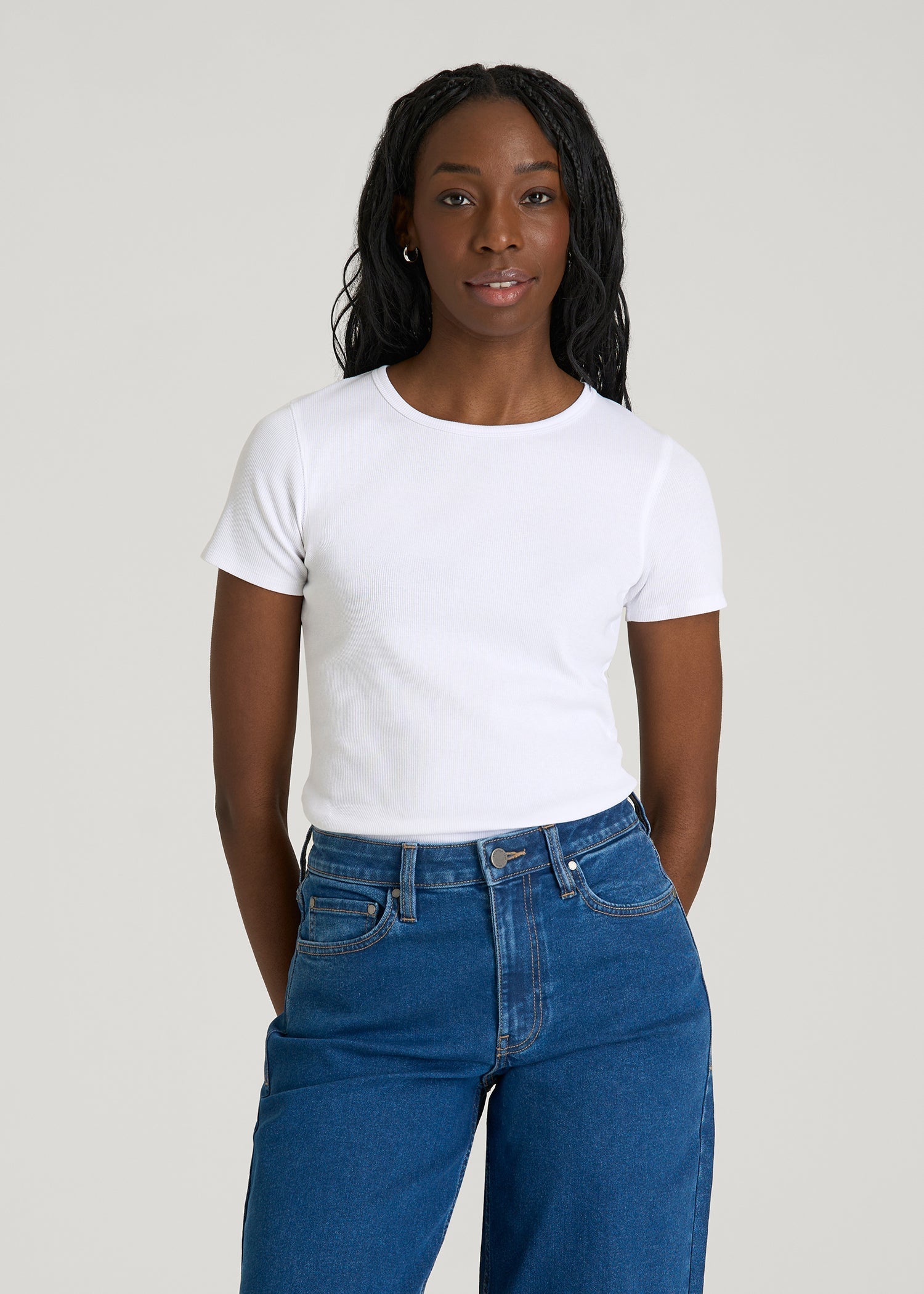 American Tall Women Short Sleeve Ribbed Crewneck T-Shirt for Tall Women in Optic White