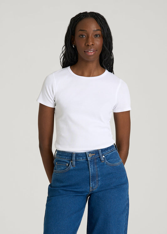 American Tall Women Short Sleeve Ribbed Crewneck T-Shirt for Tall Women in Optic White