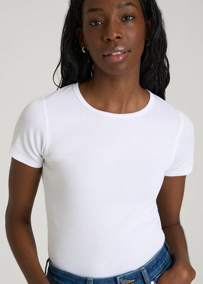 American Tall Women Short Sleeve Ribbed Crewneck T-Shirt for Tall Women in Optic White