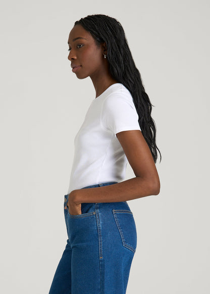 American Tall Women Short Sleeve Ribbed Crewneck T-Shirt for Tall Women in Optic White