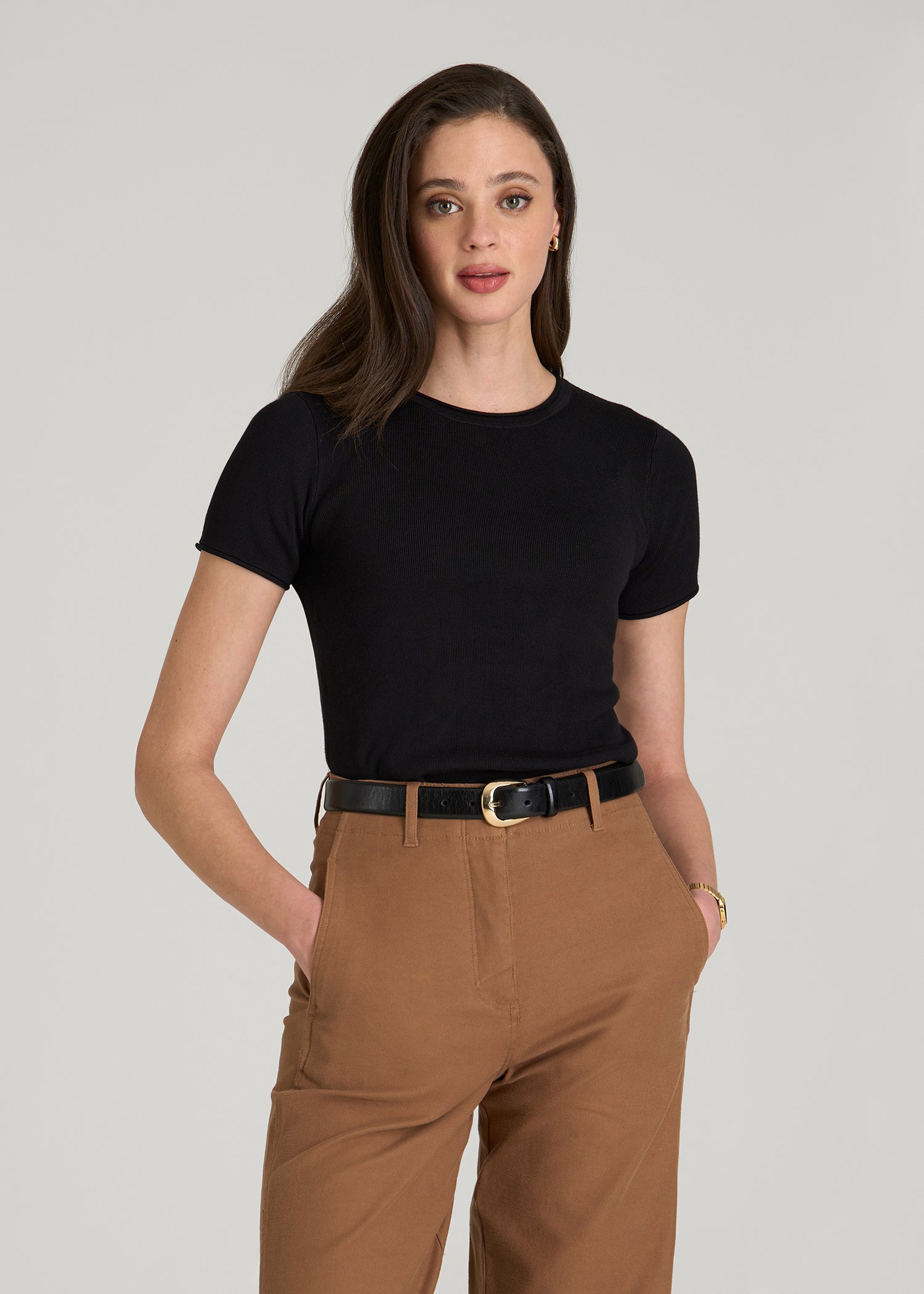 American Tall Women Cropped Knit Tee for Tall Women in Black