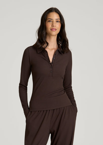 American Tall Women Ribbed Knit Long Sleeve Polo for Tall Women in Espresso