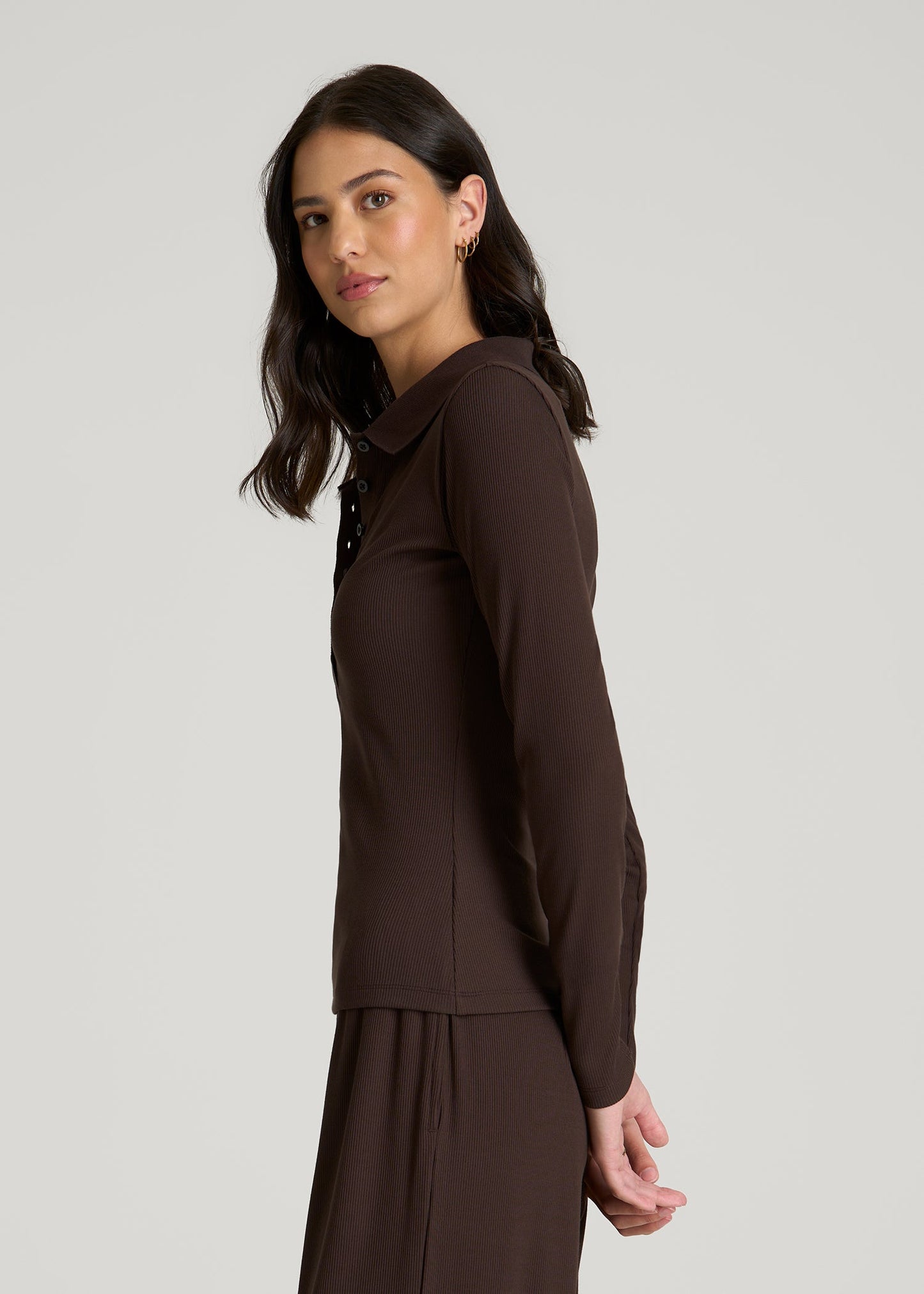 American Tall Women Ribbed Knit Long Sleeve Polo for Tall Women in Espresso