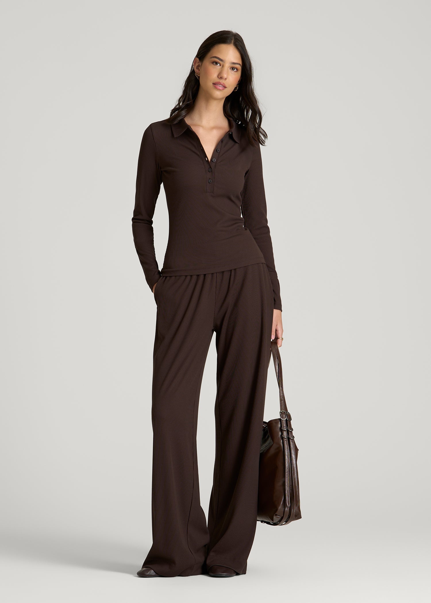 American Tall Women Ribbed Knit Long Sleeve Polo for Tall Women in Espresso