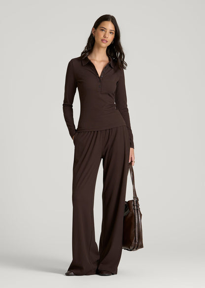 American Tall Women Ribbed Knit Long Sleeve Polo for Tall Women in Espresso