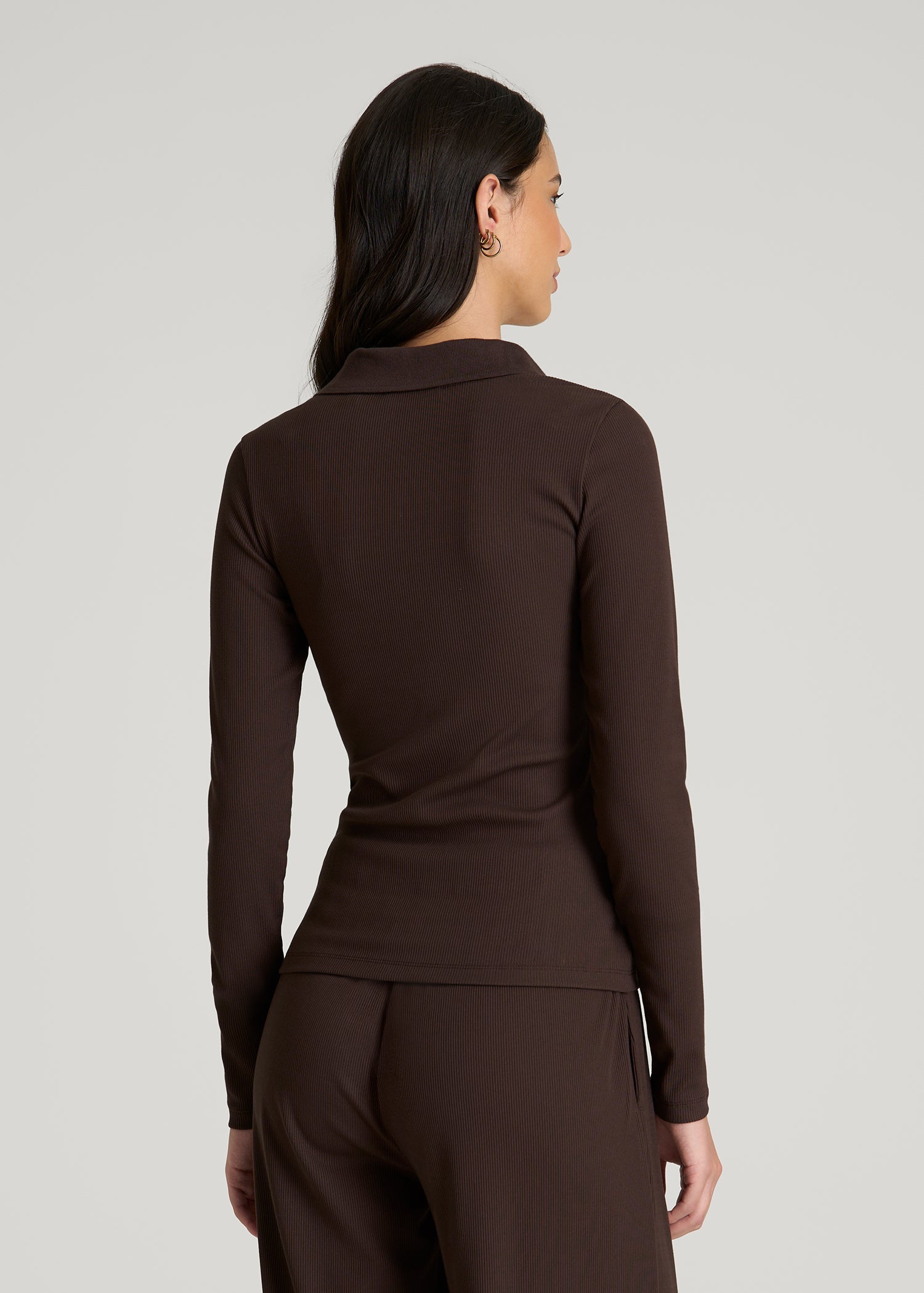 American Tall Women Ribbed Knit Long Sleeve Polo for Tall Women in Espresso
